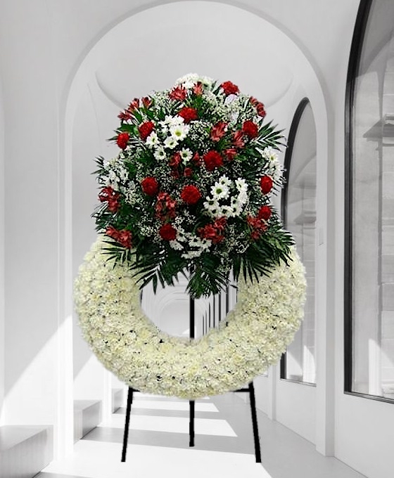 Corona Funeraria blanca y roja de clavel para tanatorio